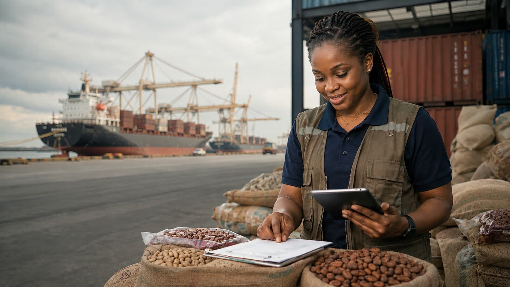 Une responsable conformité inspecte des échantillons de matières premières sur une tablette dans un port d’export.